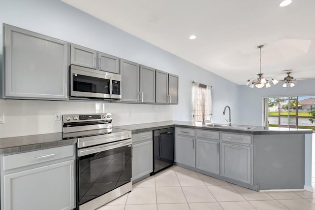 kitchen with kitchen peninsula, sink, gray cabinets, and appliances with stainless steel finishes