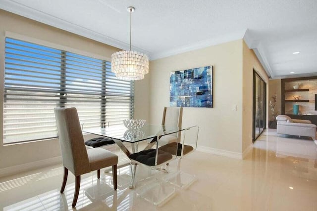 dining room featuring a notable chandelier, ornamental molding, and light tile patterned floors