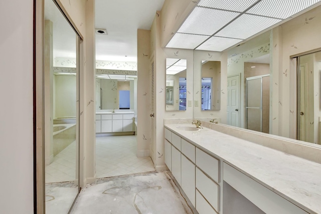 bathroom featuring vanity and a shower with door