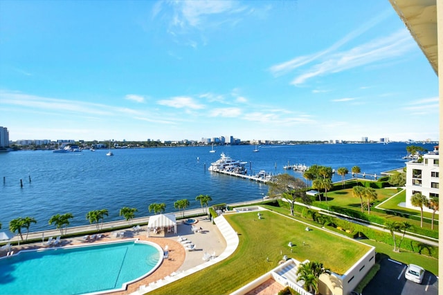 exterior space with a water view