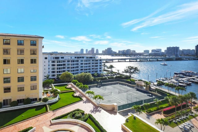 birds eye view of property featuring a water view