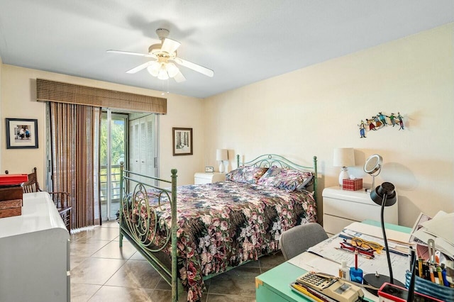 bedroom featuring access to outside, tile patterned floors, and ceiling fan