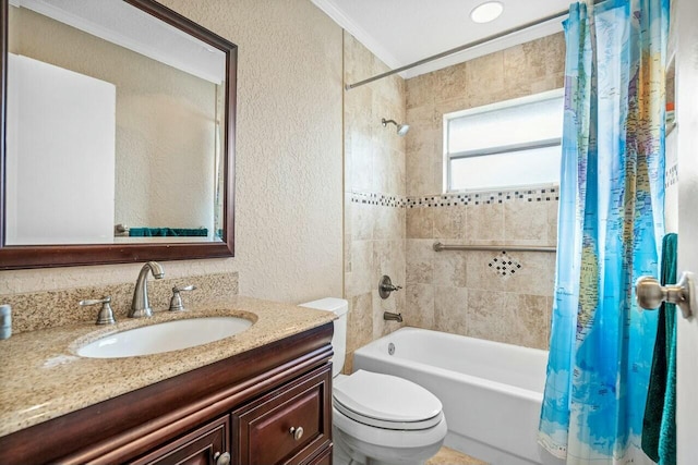 full bathroom featuring vanity, toilet, shower / bathtub combination with curtain, and crown molding