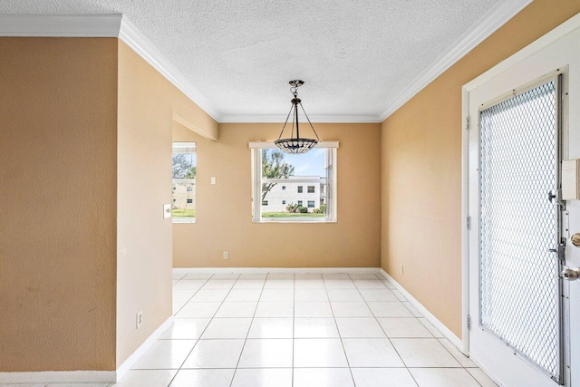 unfurnished dining area with light tile patterned floors and crown molding