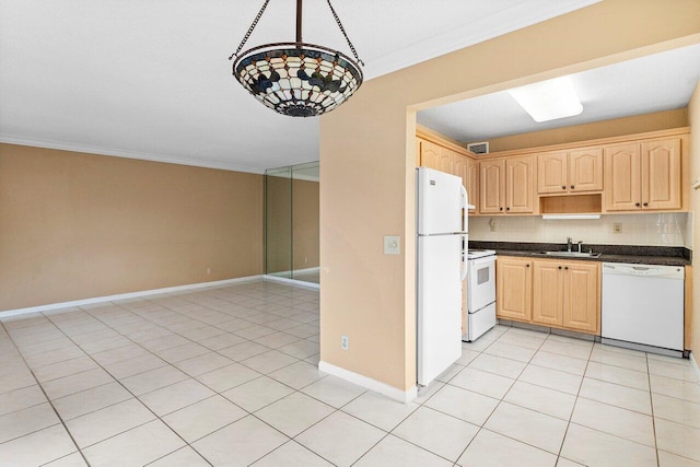 kitchen with white appliances, decorative backsplash, light tile patterned floors, ornamental molding, and light brown cabinetry