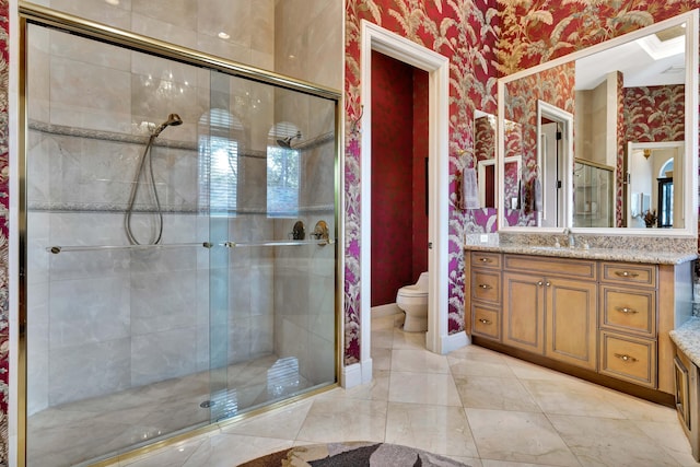 bathroom with vanity, an enclosed shower, and toilet