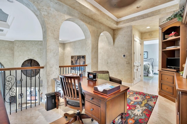 home office featuring a towering ceiling and crown molding