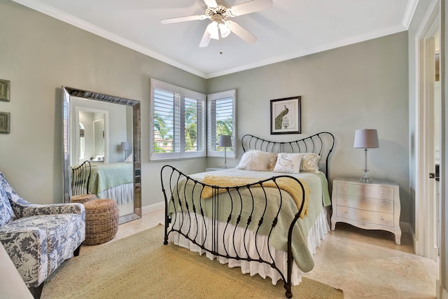 bedroom with ceiling fan and ornamental molding