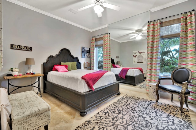 bedroom with ceiling fan and crown molding