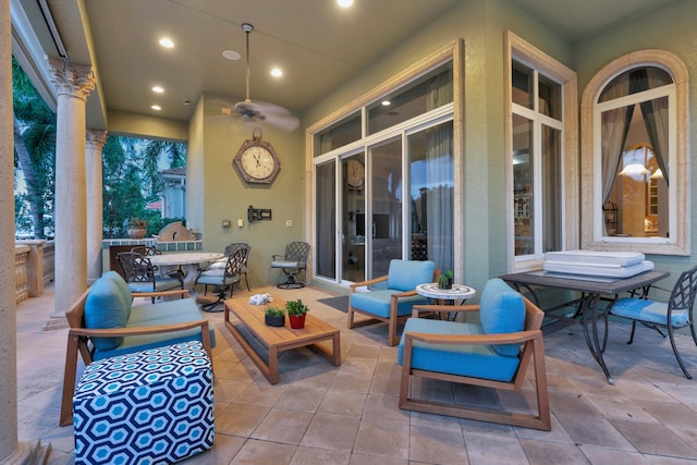 view of patio featuring ceiling fan and an outdoor hangout area