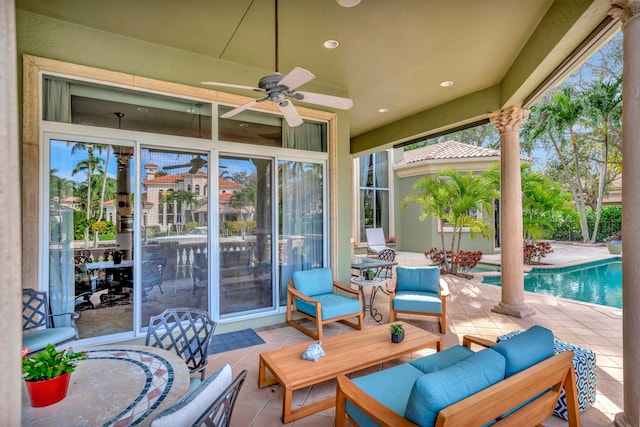 view of patio with ceiling fan and an outdoor hangout area