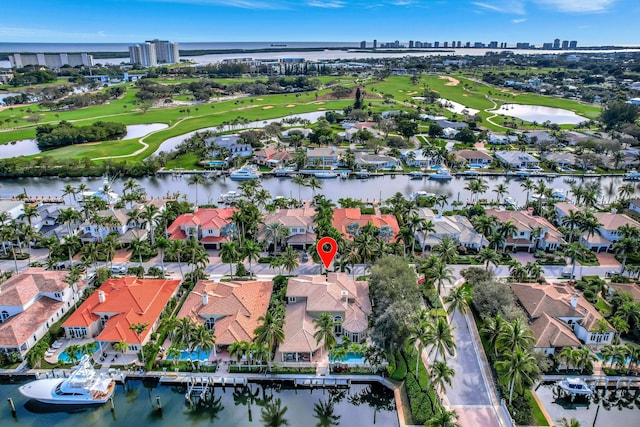 bird's eye view with a water view