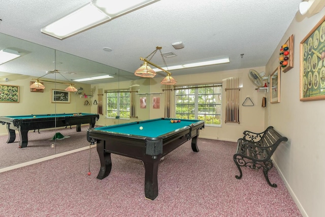 playroom featuring carpet floors, a textured ceiling, and billiards