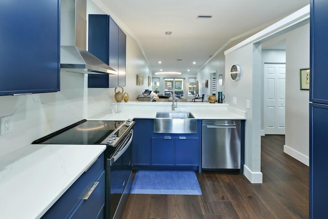 kitchen featuring appliances with stainless steel finishes, sink, blue cabinets, and wall chimney range hood