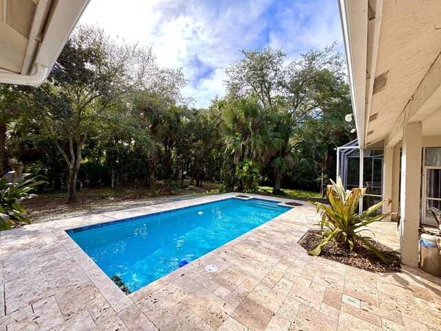 view of pool featuring a lanai and a patio area