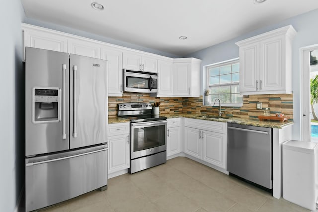 kitchen featuring backsplash, stone counters, white cabinets, sink, and stainless steel appliances