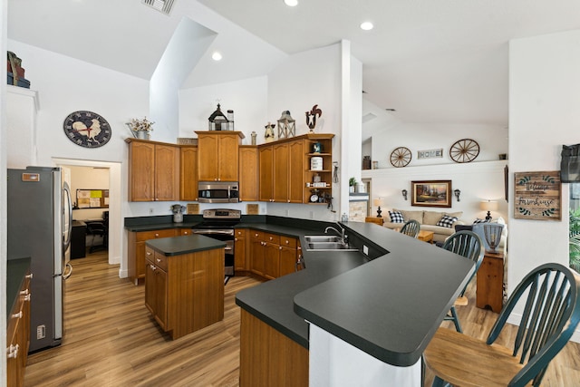 kitchen featuring sink, a kitchen island, appliances with stainless steel finishes, light hardwood / wood-style floors, and kitchen peninsula