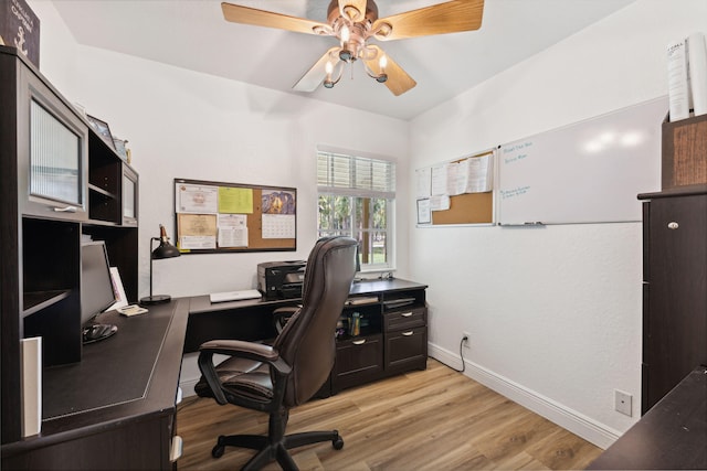 office space with ceiling fan and light hardwood / wood-style floors