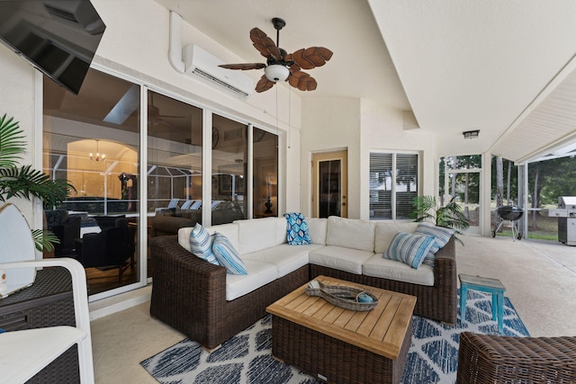 sunroom / solarium with a wall unit AC, lofted ceiling, and ceiling fan with notable chandelier