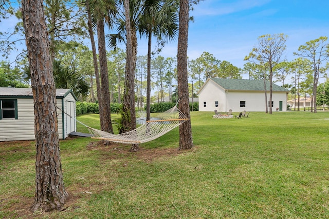 view of yard featuring a shed