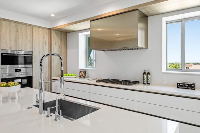 495 E Royal Palm Rd Unit 601, Boca Raton, FL 33432 - kitchen featuring exhaust hood, a sink, appliances with stainless steel finishes, modern cabinets, and light countertops