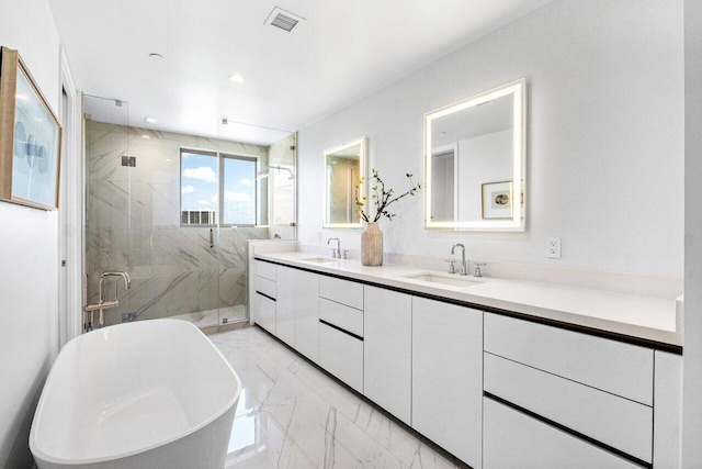 495 E Royal Palm Rd Unit 601, Boca Raton, FL 33432 - bathroom featuring marble finish flooring, a marble finish shower, double vanity, a freestanding tub, and recessed lighting