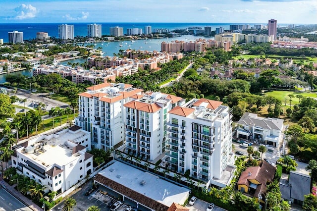 bird's eye view with a water view