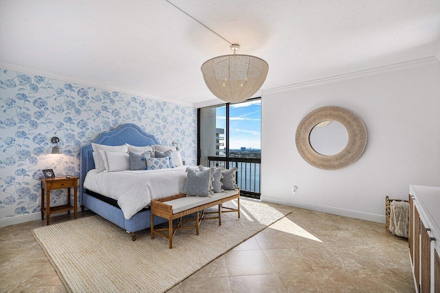 bedroom with a water view, ornamental molding, and a wall of windows