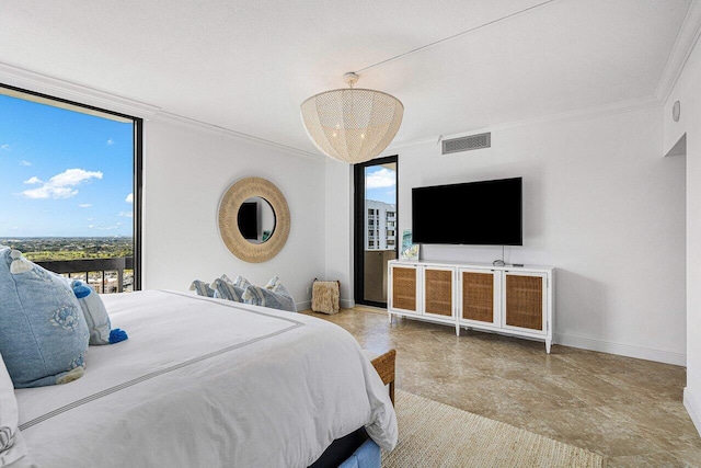 bedroom featuring multiple windows and ornamental molding