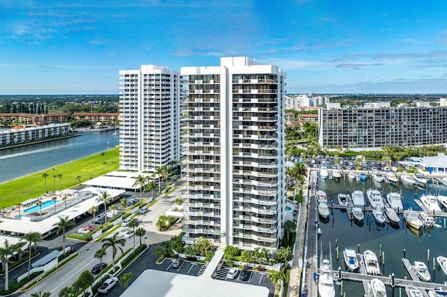 birds eye view of property featuring a water view