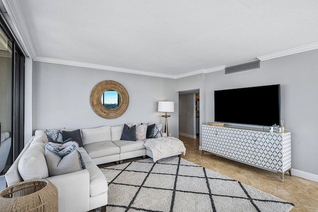 living room with a textured ceiling and ornamental molding