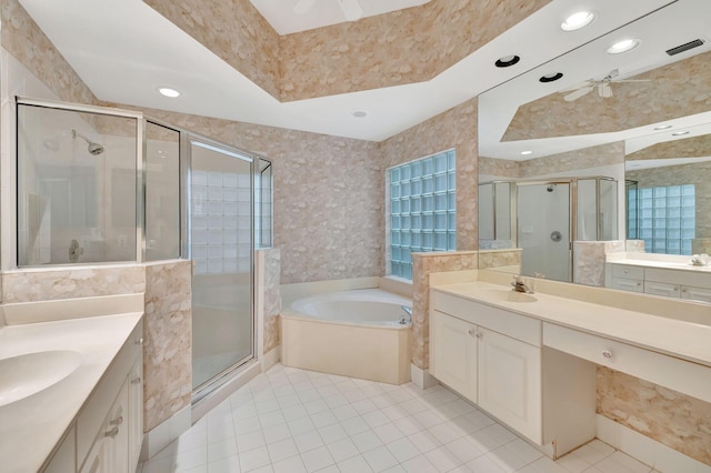 bathroom featuring tile patterned floors, vanity, separate shower and tub, and ceiling fan