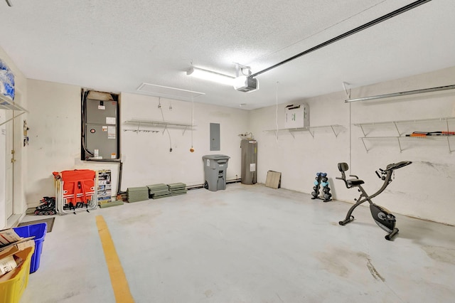 garage with electric panel, water heater, heating unit, and a garage door opener