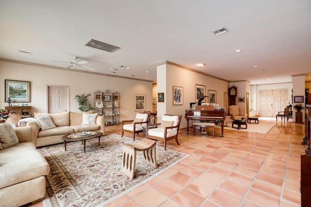 tiled living room featuring ceiling fan and ornamental molding