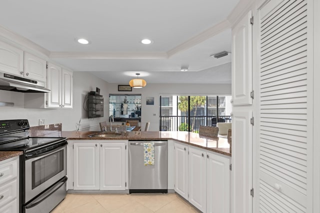 kitchen featuring sink, stainless steel dishwasher, kitchen peninsula, black / electric stove, and white cabinets