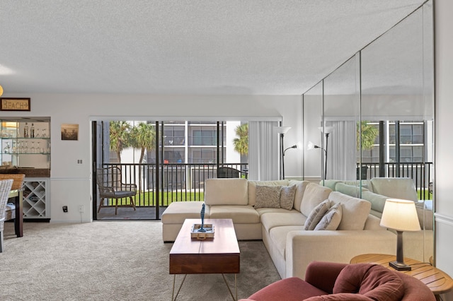 living room with carpet flooring and a textured ceiling