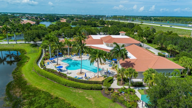 aerial view featuring a water view