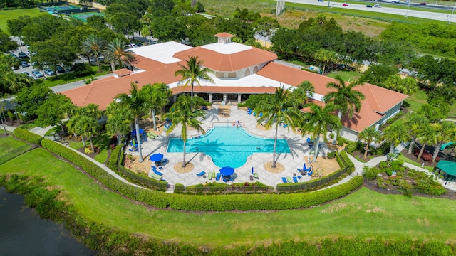 aerial view featuring a water view