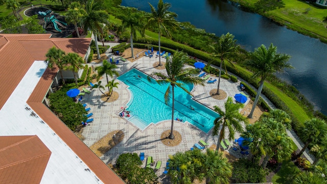 drone / aerial view featuring a water view