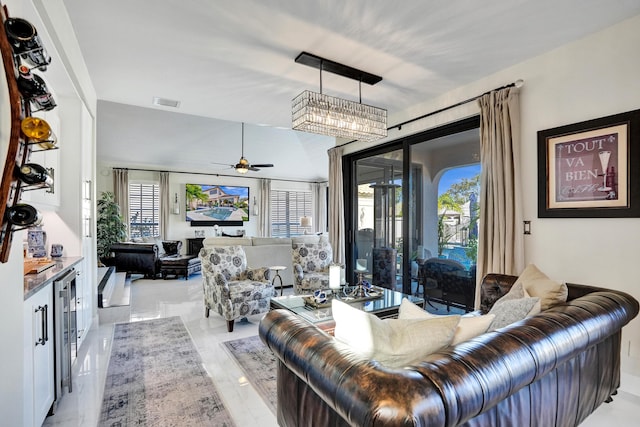 living room with ceiling fan