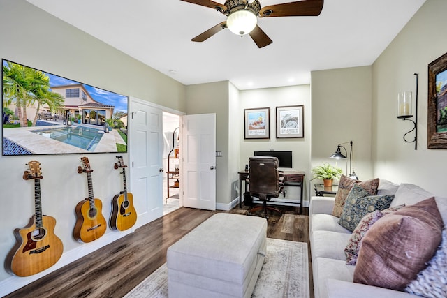 office area featuring hardwood / wood-style flooring and ceiling fan