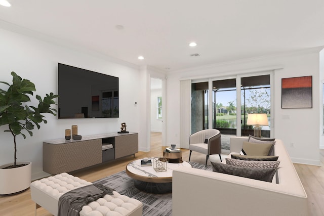 living room featuring ornamental molding and light wood-type flooring