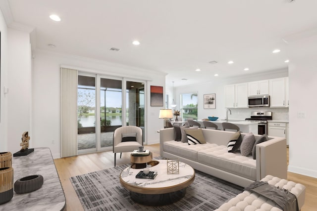 living room with sink, a water view, light wood-type flooring, and crown molding