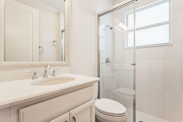 bathroom with a shower with door, vanity, and toilet