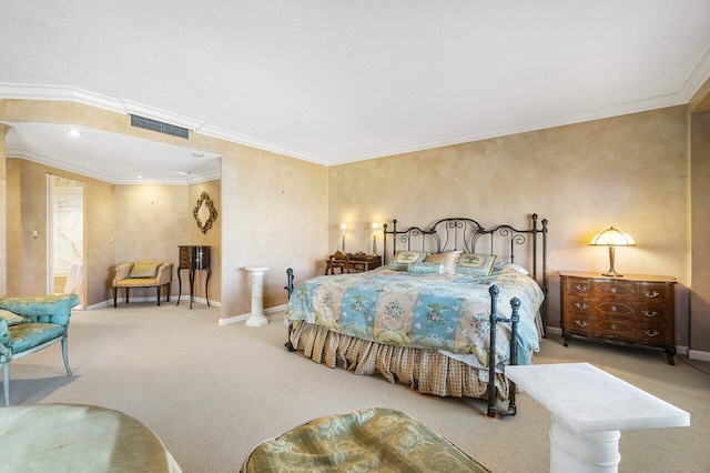 bedroom with light colored carpet and crown molding