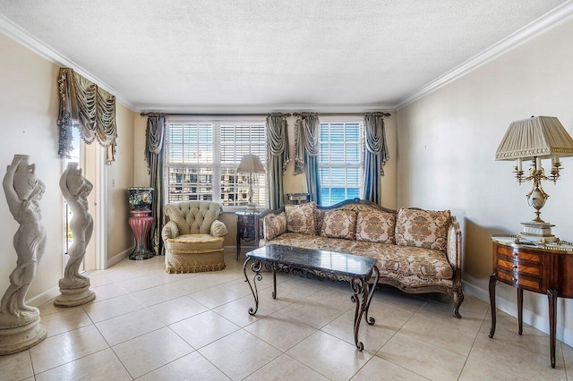 sitting room featuring light tile patterned floors, a textured ceiling, and ornamental molding