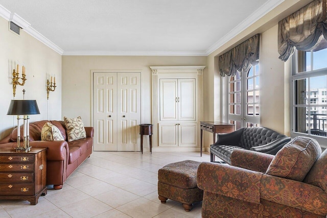 tiled living room with crown molding