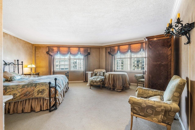 bedroom featuring a textured ceiling, carpet floors, multiple windows, and crown molding