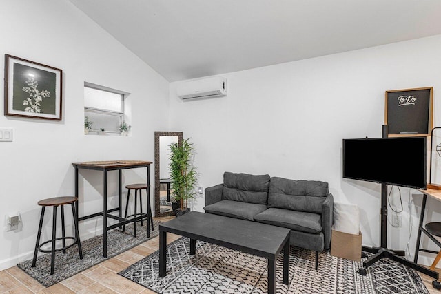 living room with a wall unit AC and lofted ceiling