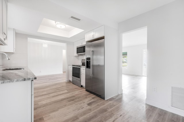 kitchen featuring white cabinets, appliances with stainless steel finishes, light wood-type flooring, and sink